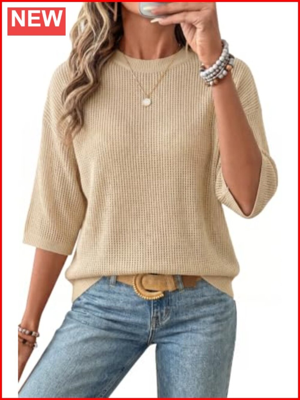 Oversized 3/4 Sleeve Crochet Tops Summer Casual Sweater